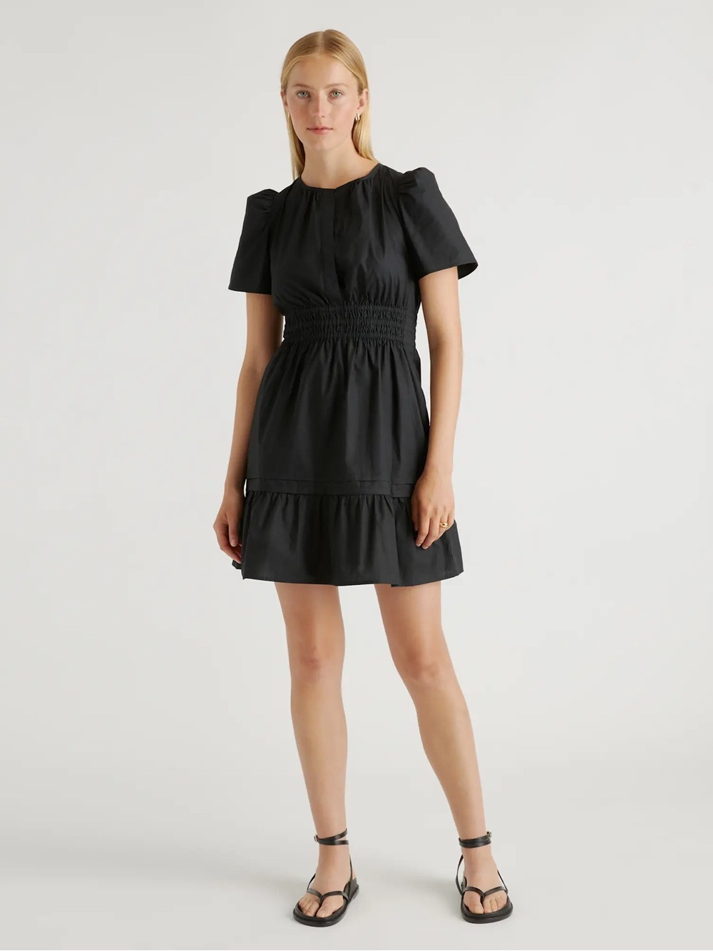 Quince Black 100% Organic Cotton Poplin Tiered Mini Dress Size Small Cottagecore